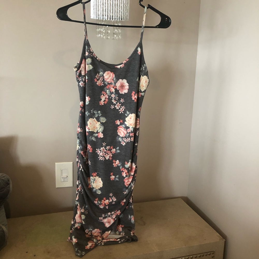 Cute Grey with Floral Print dotted Jersey Dress